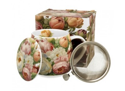 PIWONIE - Kubek beczułka 0,43l z metal. zaparzaczem - bone china