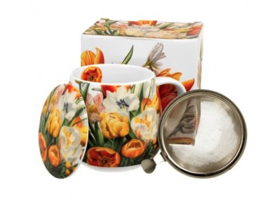 TULIPANY - Kubek beczułka 0,43l z metal. zaparzaczem - bone china
