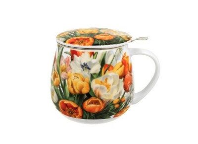 TULIPANY - Kubek beczułka 0,43l z metal. zaparzaczem - bone china Zdjęcie 2 z 3