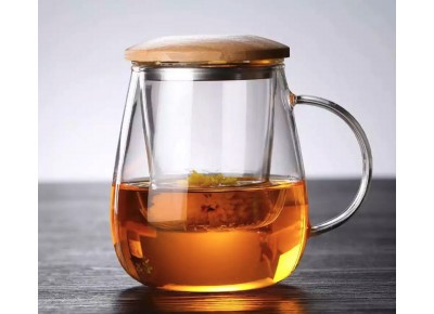 Kubek szklany 400ml z zaparzaczem szklanym i drewnianą przykrywką