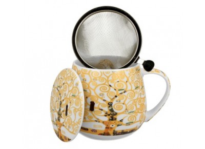 DRZEWO ŻYCIA ECRU - Kubek beczułka 0,43l z metal. zaparzaczem - bone china