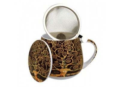 DRZEWO ŻYCIA BRĄZ - Kubek beczułka 0,43l z metal. zaparzaczem - bone china
