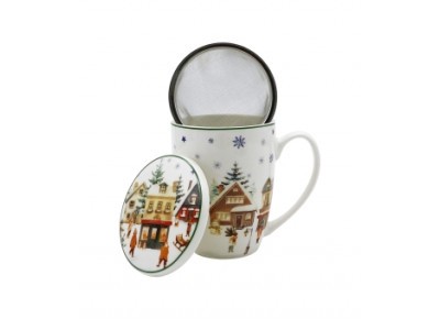 Kubek porcelanowy z metal. zaparza. ŚWIĄTECZNA WIOSKA 0,36l Zdjęcie 3 z 4