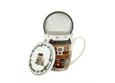 Kubek porcelanowy z metal. zaparza. DOMKI ŚWIĄTECZNE 0,36l