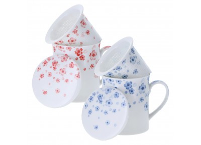 Kubek porcelanowy TING z drobnym porcelanowym zaparzaczem 0,32l - w czerwone kwiatki