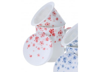 Kubek porcelanowy TING z drobnym porcelanowym zaparzaczem 0,32l - w czerwone kwiatki Zdjęcie 2 z 2