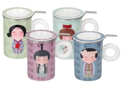 Kubek porcelanowy bone china HITOBITO z metal. zaparzaczem i pokrywką 0,3l - niebieski