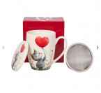 Kubek porcelanowy z metal. zaparza. KOT Z BALONEM 0,36l