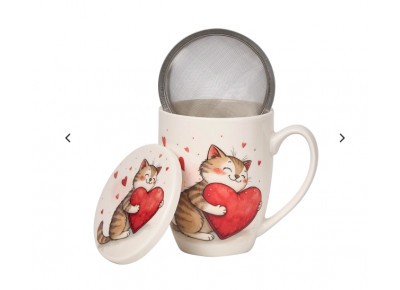Kubek porcelanowy z metal. zaparza. KOT Z ZABAWKĄ 0,36l Zdjęcie 4 z 6