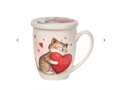 Kubek porcelanowy z metal. zaparza. KOT Z ZABAWKĄ 0,36l Zdjęcie 5 z 6