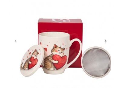 Kubek porcelanowy z metal. zaparza. KOT Z ZABAWKĄ 0,36l Zdjęcie 6 z 6