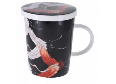 Kubek porcelanowy ŻURAW z metal. zaparzaczem i pokrywką 0,3l - czarny